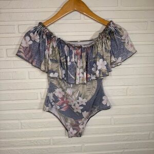 Chaser Blue Vintage Floral Off-Shoulder Bodysuit, Women’s Size Small